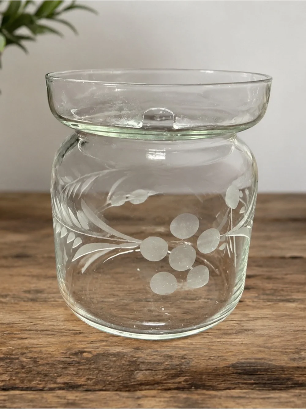 Vintage Etched Glass Jam Jelly Preserve Jar Spoon Rest Lid Floral No Spoon